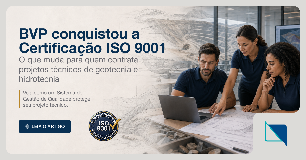 Certificação ISO 9001 na BVP_1200x630 equipe da BVP ao lado do selo da certificação ISO 9001 em projeto de engenharia geotécnica